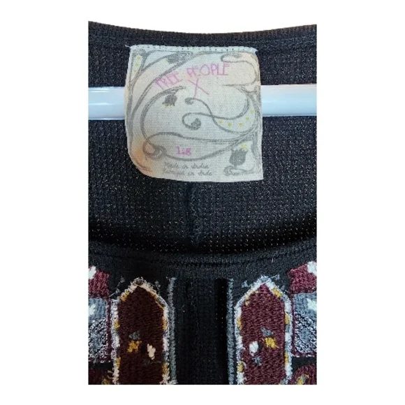 Free People Marion Black and Burgundy Embroidered Thermal Long Sleeve Top Large - Picture 3 of 7